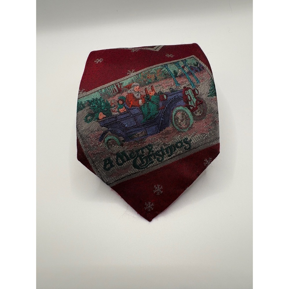Fillings Vintage Mens Silk Christmas Tie Burgundy Postcard Santa Hand Sewn USA